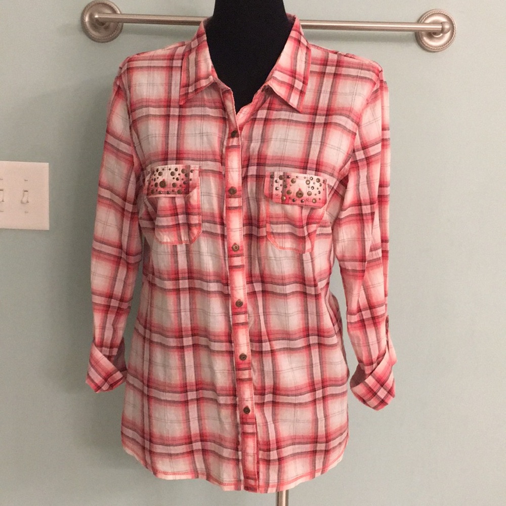 Maurices Coral Plaid Western Shirt Large